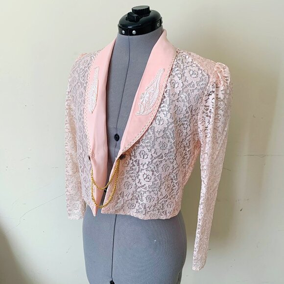 Vintage 90s Pink Lace Made in France Bolero Jacket Size Medium - Picture 3 of 10